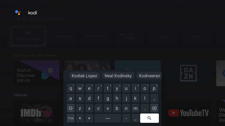 Enter "kodi" and click the search icon.