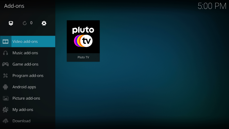 Click Video add-ons and then Pluto TV.
