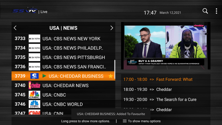 One of the best features of the SSTV IPTV service is the ability to add channels to Favorites.