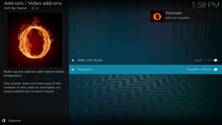 Wait for The Oath Kodi Addon installed message to appear.