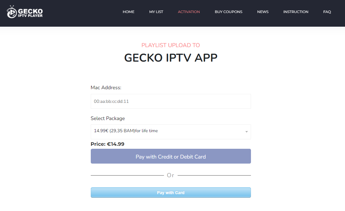Visit the Gecko IPTV activation page and enter your MAC Address from the previous step.
