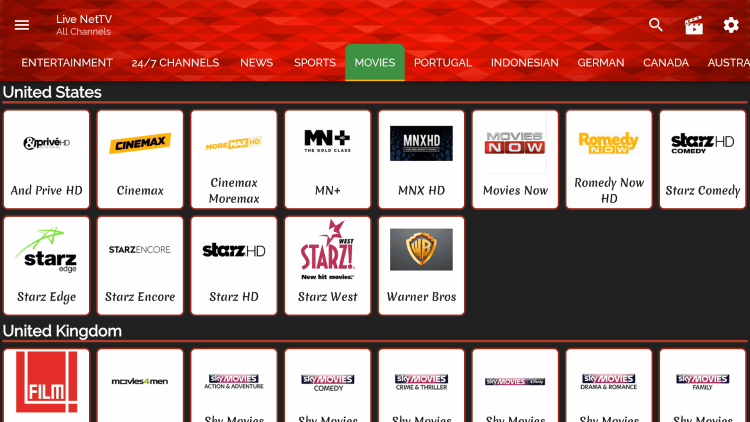 There are also VOD options for movies and tv shows within this free IPTV app.