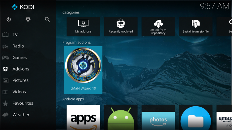 Return back to the home screen of Kodi and select Add-ons from the main menu. Then select the cMaN Wizard.