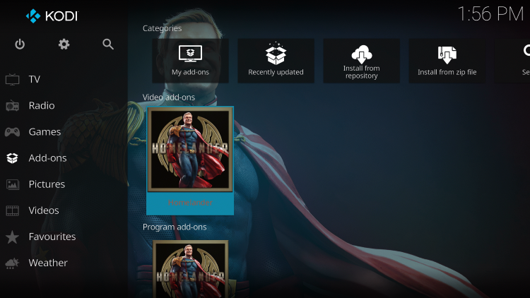 Return back to the home screen of Kodi and hover over Add-ons. Then select Homdlander kodi addon