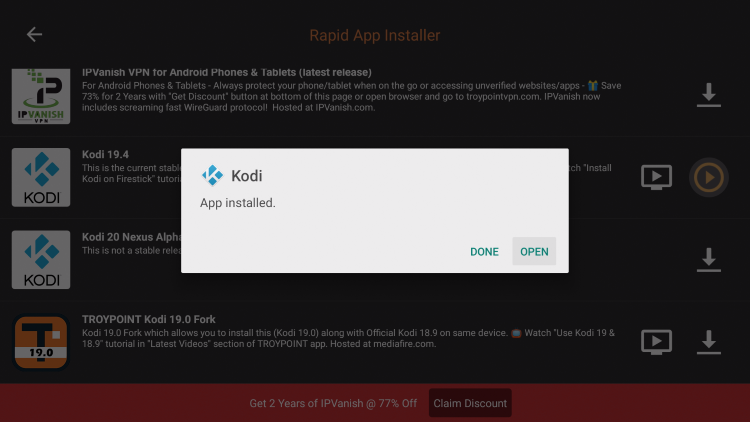 click open for kodi for android