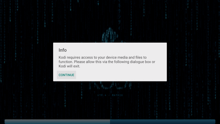 when prompted, click continue for kodi for android