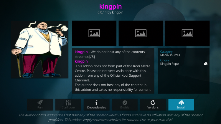Click Install kingpin kodi addon