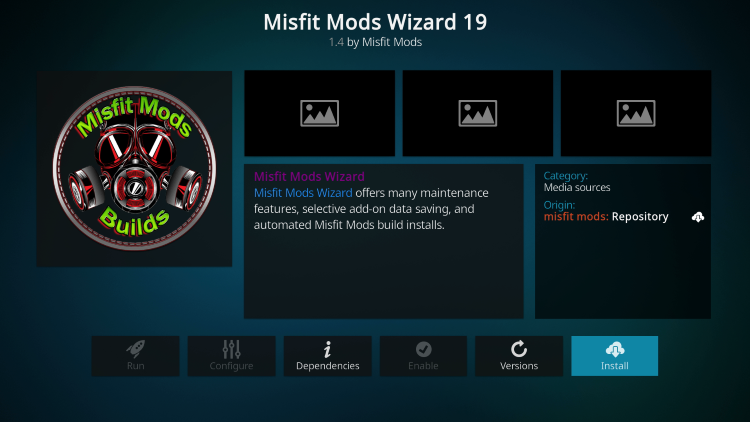 Click Install misfit mods kodi build