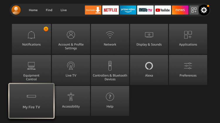 Return to your device home screen to hover over the Settings icon. Click My Fire TV.