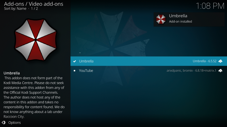 Wait for the Umbrella Kodi Addon installed message to appear.