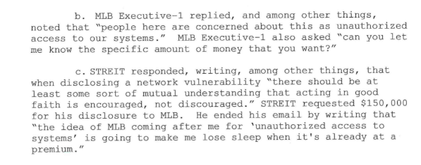 The court documentation revealed the following conversation between Streit and an MLB executive: