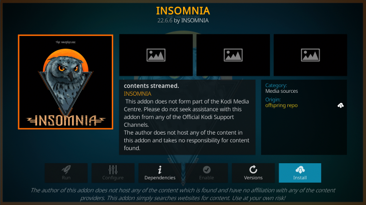 Click Install insomnia kodi addon