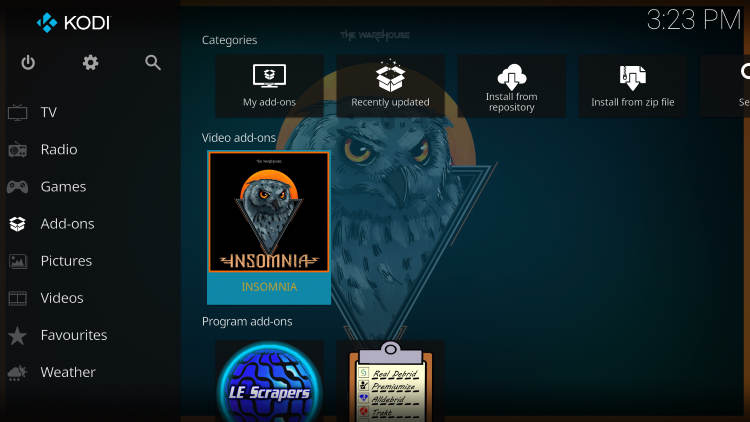 Return back to the home screen of Kodi and hover over Add-ons. Then select Insomnia.