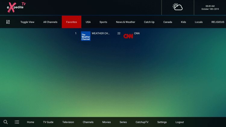 One of the best features of Expedite TV is the ability to add channels to Favorites.