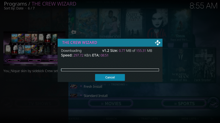 Wait a minute or two for the crewnique kodi build to download.