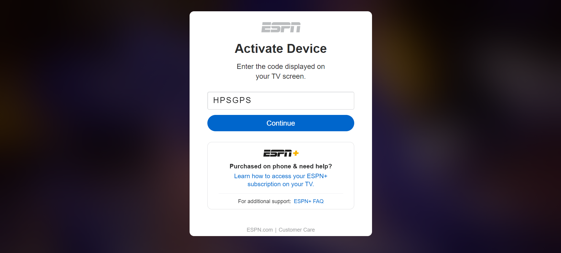 Open any web browser on another device and go to espn.com/activate.