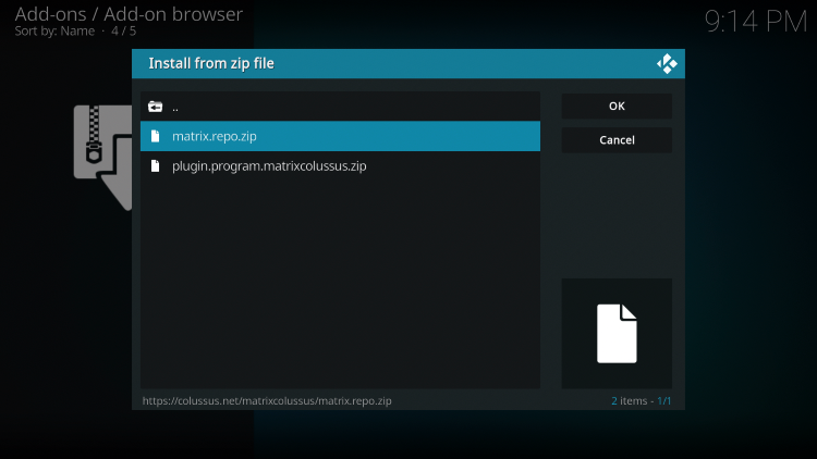 Click the zip file URL to install the colussus kodi build