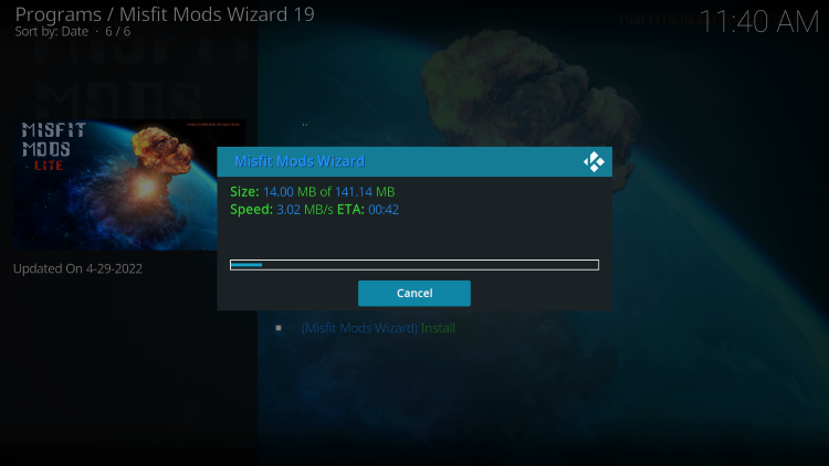 Wait a minute or two for the misfit mods kodi build to download.