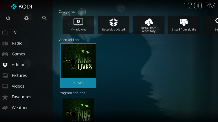 Return back to the home screen of Kodi and hover over Add-ons. Then select 9 Lives.