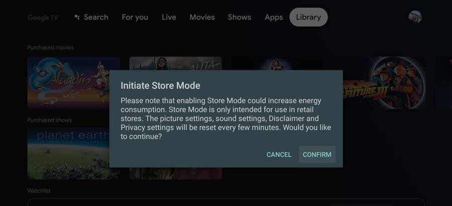 Warning box when enabling Store Mode on Hisense TV