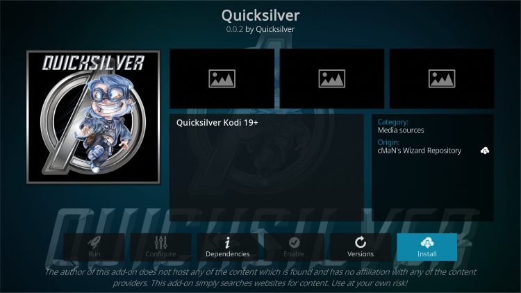 Click Install quicksilver kodi addon