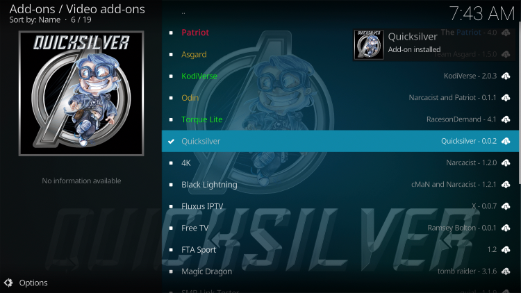 Wait for the Quicksilver Kodi Addon installed message to appear.