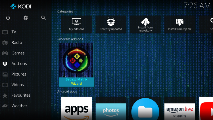 Return back to the home screen of Kodi and select Add-ons from the main menu. Then select Badazz Matrix (BMC) Wizard.