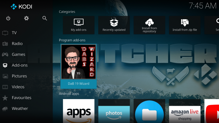 Return back to the home screen of Kodi and select Add-ons from the main menu. Then select DaB 19 Wizard.