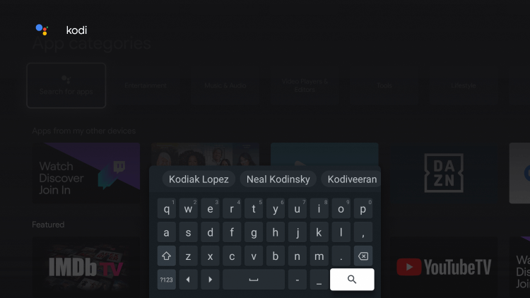 Enter "kodi" and click the search icon.