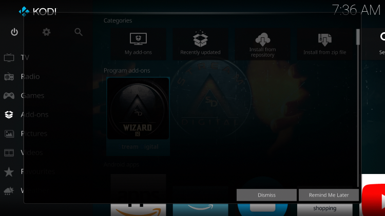 Return back to the home screen of Kodi and select Add-ons from the main menu. Then select Stream Digital Wizard.