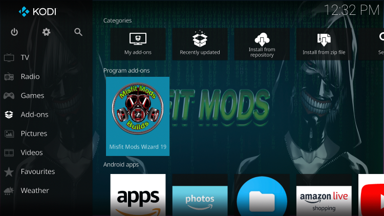 Return back to the home screen of Kodi and select Add-ons from the main menu. Then select Misfit Mods Wizard.