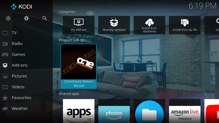 Return back to the home screen of Kodi and select Add-ons from the main menu. Then select OneAlliance Reborn Wizard.