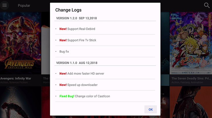 Launch Cinema HD APK and click OK if presented with the developer Change Logs.