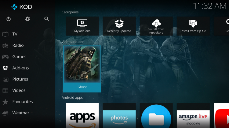 Return back to the home screen of Kodi and hover over Add-ons. Then select Ghost.