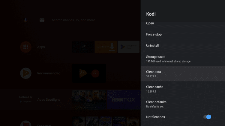 Select Clear data to reset kodi on android tv