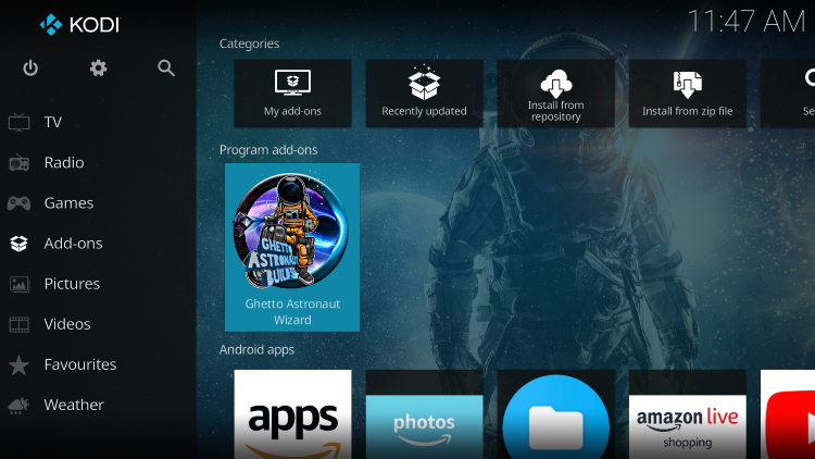 Return back to the home screen of Kodi and select Add-ons from the main menu. Then select Ghetto Astronaut Wizard.
