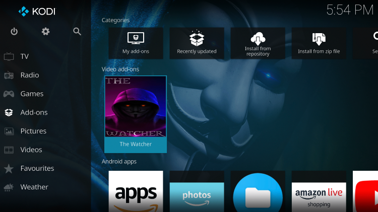 Return back to the home screen of Kodi then hover over Add-ons and select The Watcher.