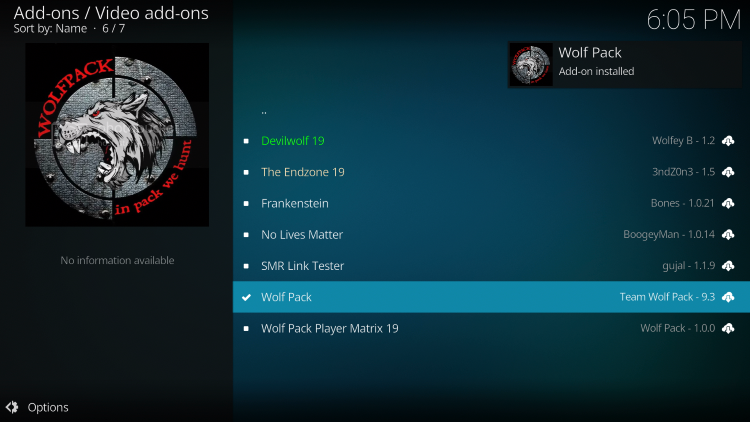 Wait for the Wolf Pack Kodi Addon installed message to appear.