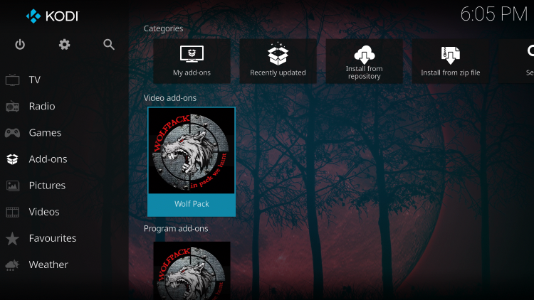 Return back to the home screen of Kodi then hover over Add-ons and select Wolf Pack.
