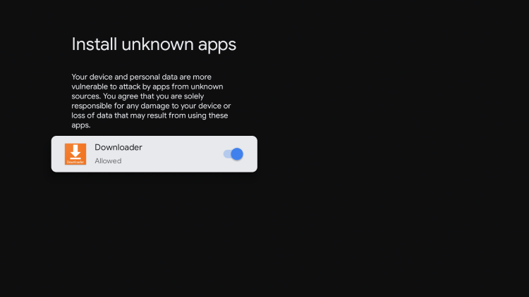 Turn on unknown sources for the Downloader app. After doing so it will say "Allowed" under Downloader.