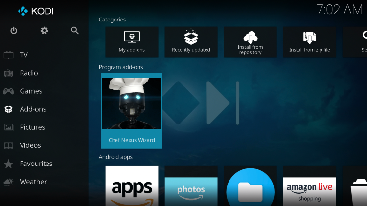 Return back to the home screen of Kodi and select Add-ons from the main menu. Then select Chef Nexus Wizard.
