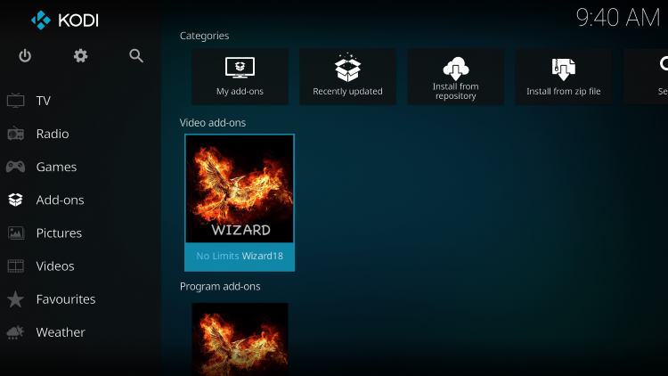 Return back to the home screen of Kodi and select Add-ons from the main menu. Then select No Limits Wizard.