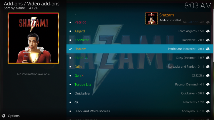 Wait for the Shazam Kodi Addon installed message to appear.