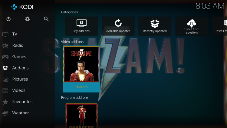 Return back to the home screen of Kodi and hover over Add-ons. Then select Shazam.