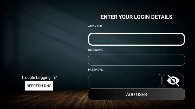 After you install the Willow Hosting IPTV application on your streaming device, you enter your account login information on this screen.