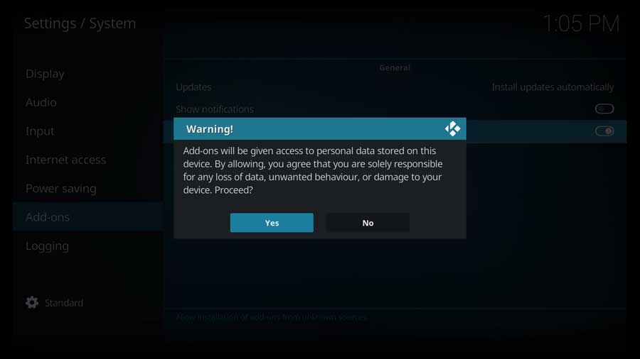 Warning box when you enable addons from unknown sources