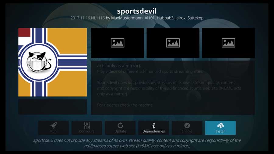 SportsDevil Kodi Addon detail page