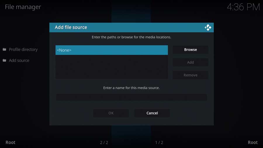 Kodi Add File Source menu box