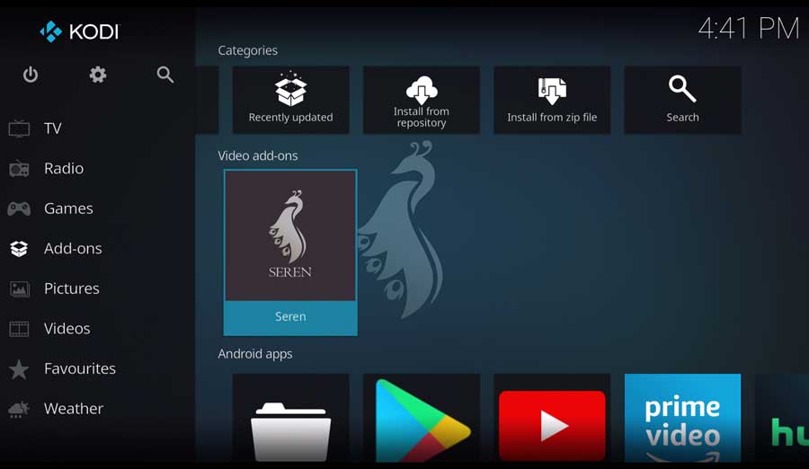Open the Seren addon from the Kodi Add-ons tab