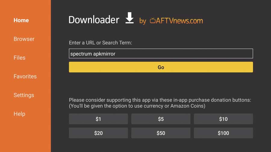 Open the Downloader app and search for "Spectrum APKMirror"